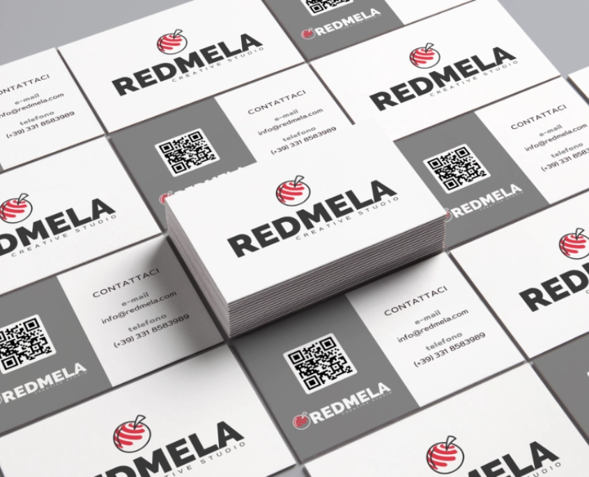Graphic 3D composition, multiple images of front & back of business card with qr code