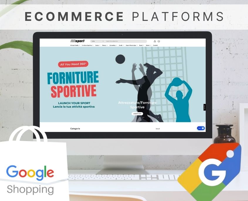 Desk with Computer showing online sports shop website, graphic elements for google shopping