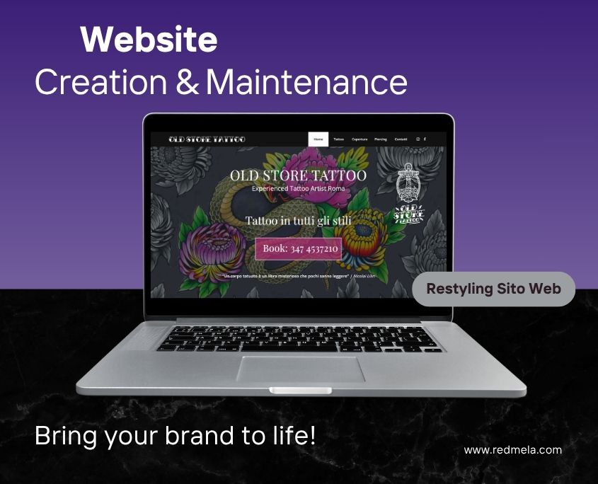 Computer showing personal tattoo site, website restyling, creation & maintenance text
